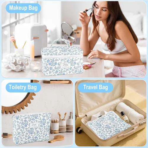 Miniatura 2 de URSKYTOUS Juego de 3 Bolsas de Maquillaje Acolchadas, Set de Bolsas de Cosméticos con Lazo para Viaje, Bolsa Grande de Maquillaje para Mujeres