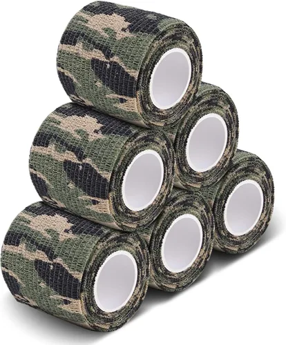 Miniatura 7 de AIRSSON 6 rollos de cinta de camuflaje de camuflaje de 1.96 x 177 pulgadas, vendaje elástico de camuflaje autoadhesivo para linternas, cámaras