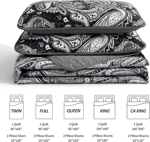 Miniatura 7 de DJY Juego de colcha de tamaño King con patrón de cachemira negro bohemio, juego de cubrecama de 3 piezas, ropa de cama suave y ligera