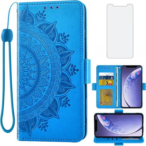 Asuwish Compatible con iPhone 11 6.1 Funda tipo cartera de vidrio templado, protector de pantalla con tarjetero y correa de muñeca con soporte para
