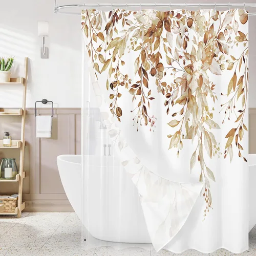 Miniatura 23 de Gibelle - Cortina de ducha de eucalipto marrón, hojas de plantas de acuarela con diseño floral, juego de cortina de ducha con ganchos, 72 x 72
