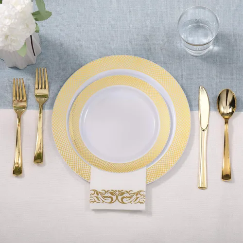 Miniatura 4 de FOCUSLINE Juego de vajilla de oro de 175 piezas para 25 invitados - Platos desechables de plástico con rejilla dorada, incluye 25 platos para cena