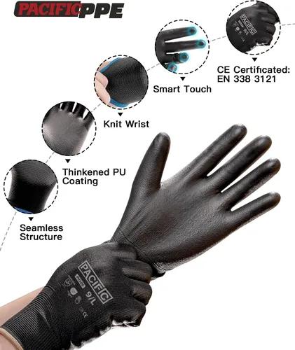 Miniatura 3 de PACIFIC PPE 18 pares de guantes de trabajo, guantes de punto sin costuras recubiertos de poliuretano, guantes de seguridad para pantalla táctil