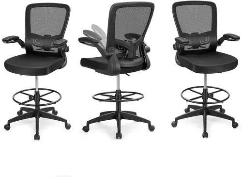 Miniatura 10 de Giantex Silla de dibujo, sillas de oficina con respaldo alto, con reposapiés, reposabrazos abatible, altura ajustable, silla de escritorio Negro
