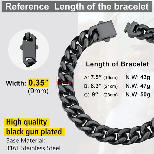 Miniatura 7 de ChainsProMax Pulseras de cadena cubana de acero inoxidable para hombre, 5790.472 in de ancho, 7.58.39 pulgadas de largo, negrodorado