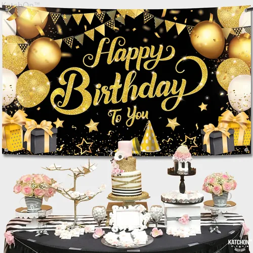Miniatura 8 de KatchOn, Cartel de feliz cumpleaños negro y dorado, extragrande, 72 x 44 pulgadas, pancarta de fondo negro y dorado para decoraciones de feliz Azul