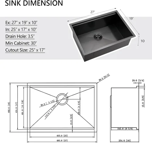 Miniatura 4 de Fregadero de cocina de montaje inferior negro 27 x 19 x 10 pulgadas, fregadero de acero inoxidable negro calibre 16, estación de trabajo debajo