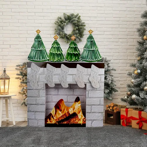 Miniatura 7 de Chimenea de cartón de Navidad para chimenea, chimenea falsa con calcetín 3D para decoración de fondo de fiesta de Navidad, 27 x 23 x 3.5 pulgadas