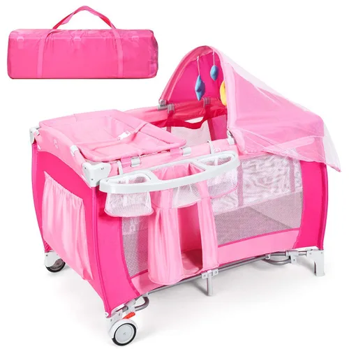 Miniatura 10 de HONEY JOY Empaca y juega con moisés, 4 en 1 portátil para bebé con cambiador, red y juguetes lindos, bolsa de almacenamiento de pañales, caja de Azul