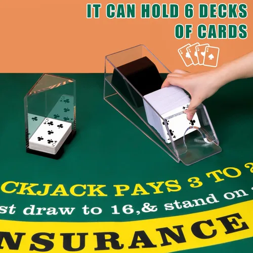 Miniatura 5 de Aoriher Juego Combinado de Blackjack, Incluye Fieltro de Diseño de Blackjack, Zapato Barajador Automático de Cartas de 6 Mazos, Bandejas Porta Verde