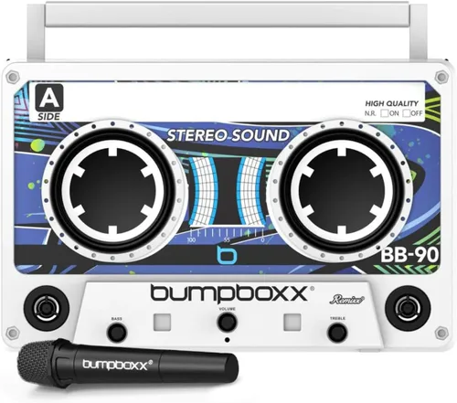 Bumpboxx Remixx Retro Bluetooth Boombox | Altavoz portátil estilo casete con sonido de alta fidelidad y micrófono inalámbrico | White Frost Escarcha