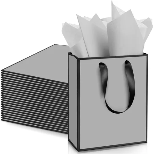 Miniatura 24 de Yeaqee Paquete de 24 bolsas de regalo de papel metálico con asa y papel de seda de 9 x 7 x 3.1 pulgadas, bolsas de favor de bienvenida con papel