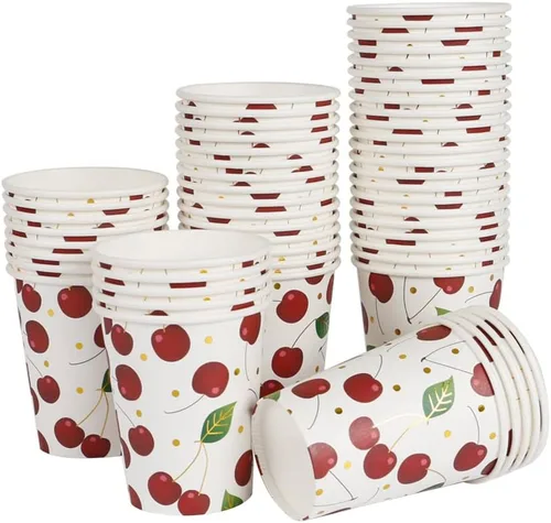 Miniatura 7 de Geeklife Vasos de papel de cereza dorada, 9 onzas de papel de cerezas, frutas y cerezas, desechables, vasos de papel decorativos a granel, 40