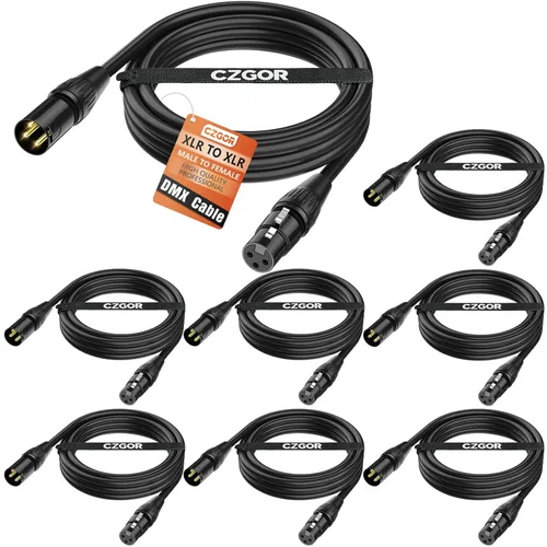 Cable DMX de 10 pies, paquete de 8 cables flexibles XLR chapados en oro de 3 pines macho a hembra, cable para señal de iluminación de escenario,
