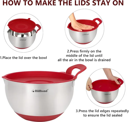 Miniatura 4 de Hillbond Tazones para mezclar con tapas herméticas sin BPA, tazones anidables con pico vertedor, mango de silicona y fondos antideslizantes para Rojo