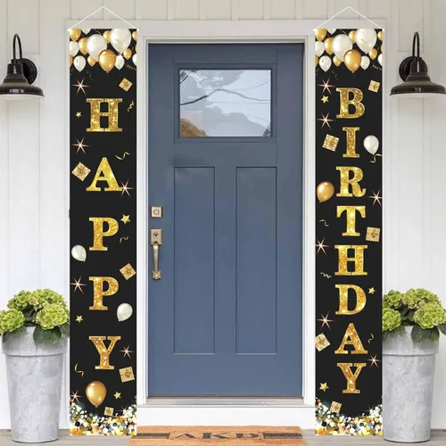 Miniatura 7 de Cartel de feliz cumpleaños negro y dorado, cartel de feliz cumpleaños, cartel de puerta de porche, letrero colgante de pared para exteriores e