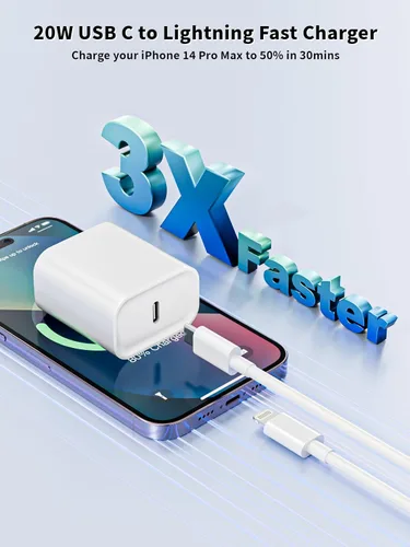 Miniatura 2 de Cargador rápido para iPhone, 10 pies y 20 W [certificado Apple MFi] USB tipo C, bloque de carga rápida, cargador Lightning para iPhone con cable