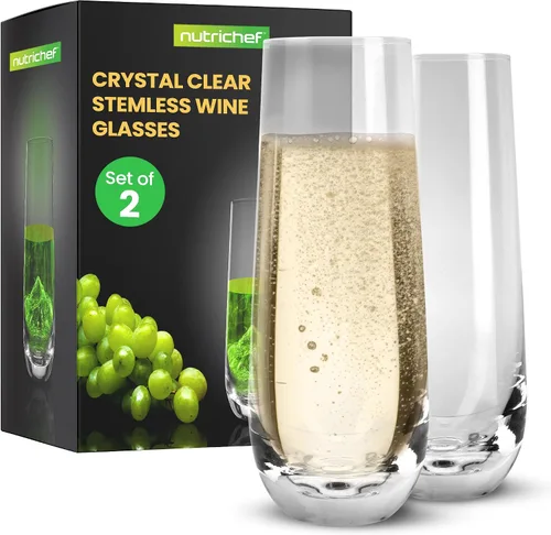NutriChef Juego de 2 copas de champán sin tallo, copas de cristal de 6.4 pulgadas de alto con base gruesa y pesada, flauta de vino Prosecco, vaso
