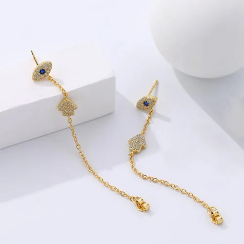 Miniatura 5 de Aretes colgantes con borla de palma de mal de ojo para mujeres y niñas, circonita cuíbica, hipoalergénica, cadena de borla, aretes colgantes