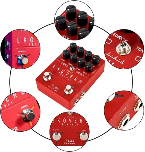 Miniatura 7 de FLAMMA FS22 - Pedal de efectos combo de delay y reverberación estéreo para guitarra ambiental con 3 pares de efectos combo, delay inverso, Combo