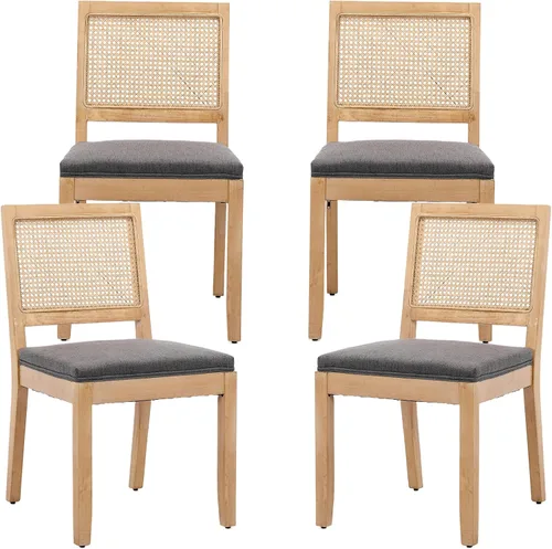Miniatura 23 de Juego de 2 sillas de comedor de campo francés, sillas de comedor de madera de granja beige, silla de comedor con respaldo tejido con cojín tapizado