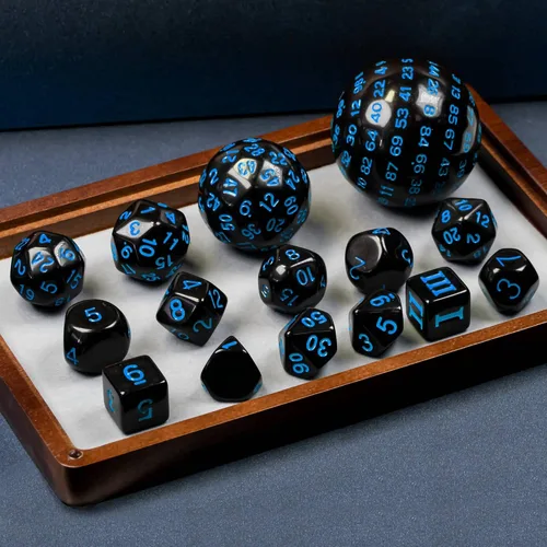 Miniatura 4 de Juego completo de 15 dados poliédricos DND D3-D100 con bolsa de dados de ojo de dragón, dados D100 para juegos de mesa RPG (negro con números azules)