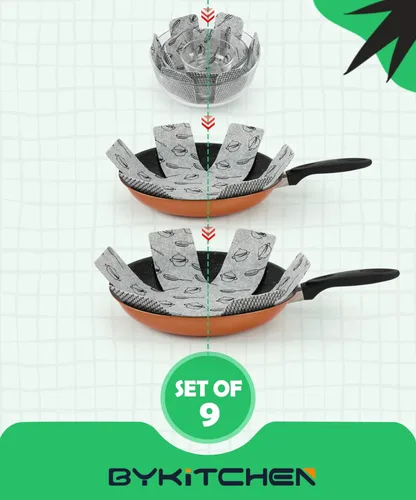 Miniatura 2 de BYKITCHEN Protectores de ollas y sartenes para apilar, juego de 9 y 3 tamaños, separadores de sartenes de fieltro para ahorrar espacio, protectores