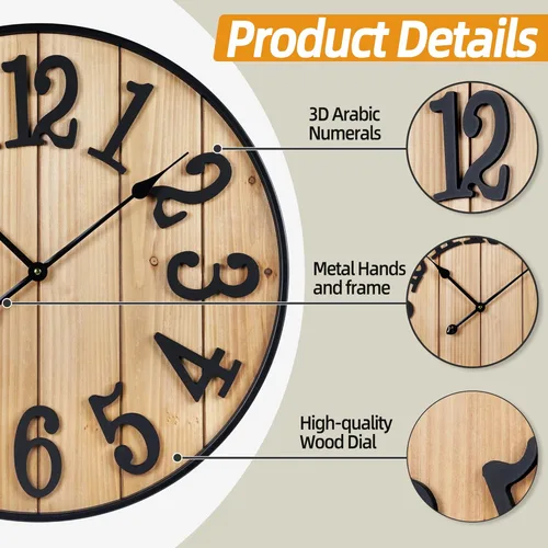 Miniatura 2 de Reloj de pared grande de 16 pulgadas, reloj de pared silencioso de metal estilo madera, funciona con pilas para decoración de sala de estar, reloj