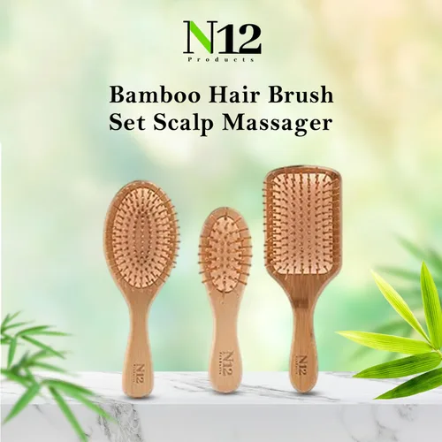 Miniatura 6 de N12 - Juego de 3 cepillos de madera de bambú para mujeres, hombres y niños, peine antiestático para masaje del cuero cabelludo, desenredante