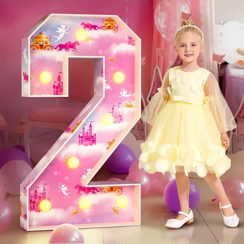 Miniatura 9 de imprsv Decoraciones de béisbol con números de marquesina de 2º cumpleaños: 3 pies de gran luz número 2 Decoración de fiesta de dos años de edad
