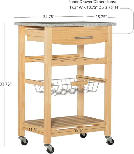 Miniatura 4 de Linon Isla de cocina con tapa de granito natural Mila con cesta de almacenamiento y ruedas