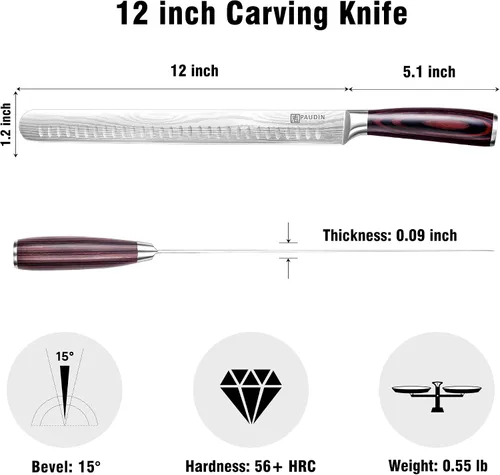 Miniatura 5 de PAUDIN Cuchillo para Brisket, Cuchillo de Trinchar de 12 Pulgadas de Acero Inoxidable Cuchillo para Rebanar Brisket con Borde Granton para Cortar