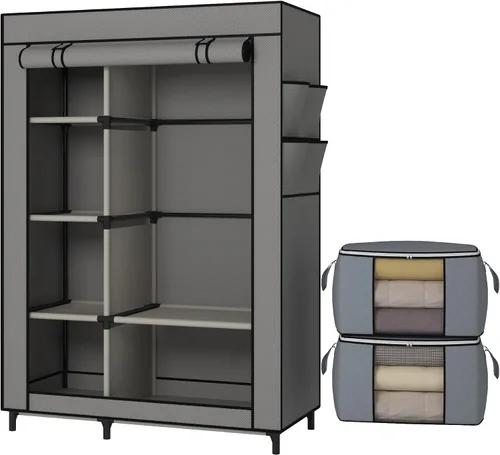 Miniatura 10 de Calmootey Armario portátil, armario con 6 estantes y barra para colgar, organizador de almacenamiento para dormitorio, funda de tela no tejida con 4