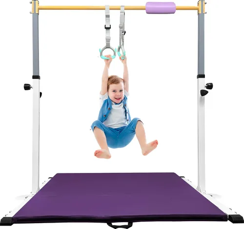 Miniatura 8 de Adjustable Gymnastics Bar for Kids with Mat - Sturdy Kip Bar with Rings, Horizontal Bar for Home Training, 3'-5' Height, Ages 3-15, 250 LBS