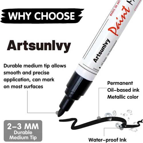 Miniatura 5 de Artsunlvy Rotuladores permanentes de pintura negra, paquete de 2 marcadores impermeables a base de aceite de secado rápido para plástico