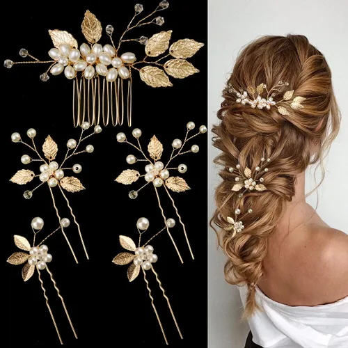 Miniatura 10 de 5 Piezas Peines Dorados para Cabello de Boda Nupcial, Tocado, Horquillas con Perlas, Clips, Joyería Vintage para Cabello para Novias, Damas