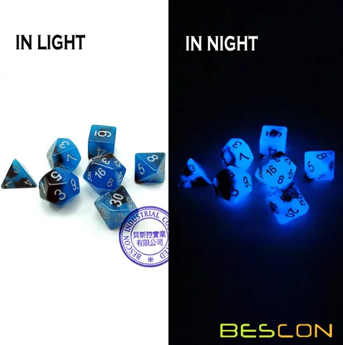 Miniatura 6 de Bescon Juego de dados poliédricos que brillan en la oscuridad de dos tonos Blue Dawn, juego de dados RPG luminosos d4 d6 d8 d10 d12 d20 d% paquete