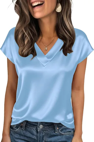 Miniatura 8 de Zeagoo - Camisetas de mujer de satén de seda, tops de manga corta con cuello en V, blusas para negocios y conjuntos casuales, talla S-2XL