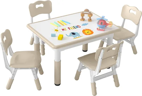 Miniatura 12 de DOREROOM Juego de Mesa y 4 Sillas para Niños de Altura Ajustable, Juego de Mesa y Silla para Niños Pequeños con Superficie de Grafiti, 31.5''L x