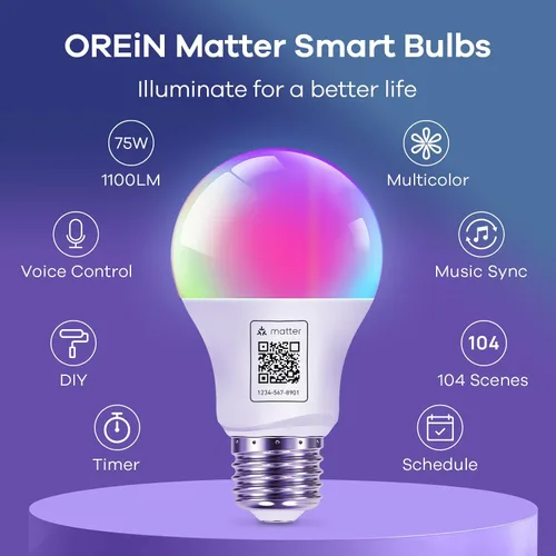 Miniatura 2 de OREiN Matter Bombilla Inteligente, 1100 Lúmenes Equivalente a 75W Bombillas Inteligentes, Bombillas de Luz que Cambian de Color Funcionan con Apple