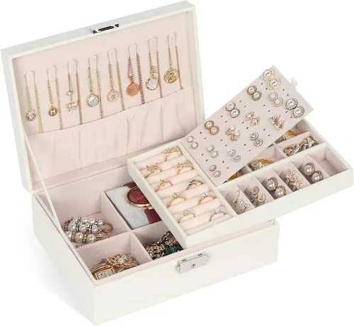 Miniatura 22 de Joyero para mujeres y niñas, contenedor organizador de joyas de 2 capas con cerradura, estuche de almacenamiento de piel sintética con bandeja
