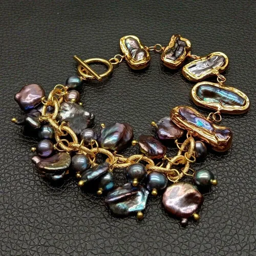 Miniatura 3 de Pulsera de cadena de perlas Keshi de 7.9in cultivadas de perlas biwa negras #3211
