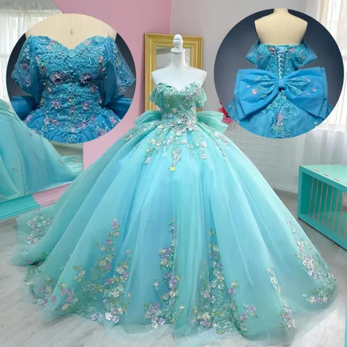 Miniatura 5 de Mauuwy Vestidos de quinceañera florales en 3D, vestido de baile de tul brillante hinchado, dulce 16 vestidos de encaje con hombros descubiertos