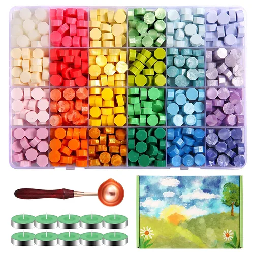 Comealltime 630 cuentas de cera de sellado, kit de sello de cera con temática de jardín de primavera con 1 cuchara de fusión, 10 velas de té con