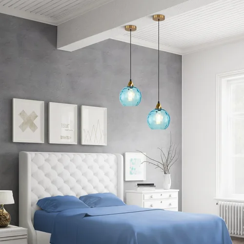 Miniatura 7 de BOKT Moderna Lámpara Colgante de Vidrio Azul Accesorio de Luz Latón Cepillado Dorado Globo Iluminación Colgante 1 Luz Bola Grande Redonda Lámpara