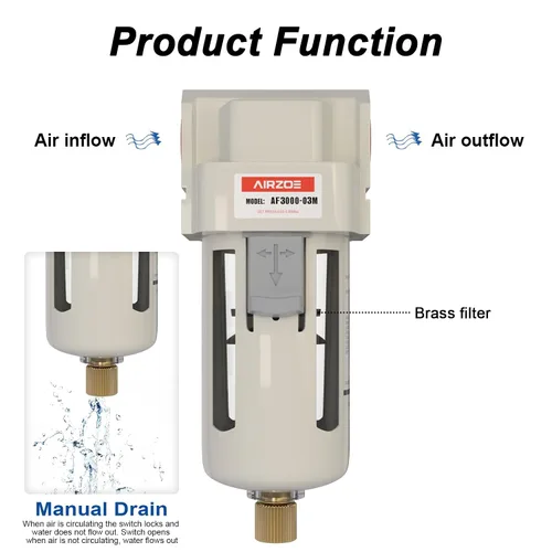 Miniatura 4 de AIRZOE Secador de Aire de 3/8" NPT para Compresor - Separador de Agua y Aire para Compresor AF3000-03, Drenaje Manual, Elemento de Latón de 5