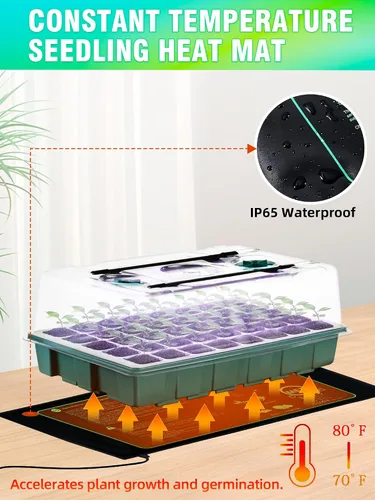 Miniatura 5 de Bandeja de inicio de semillas con luces de crecimiento y tapete térmico, medidor de suelo 3-en-1, bandeja de cultivo de semillas de 80 celdas