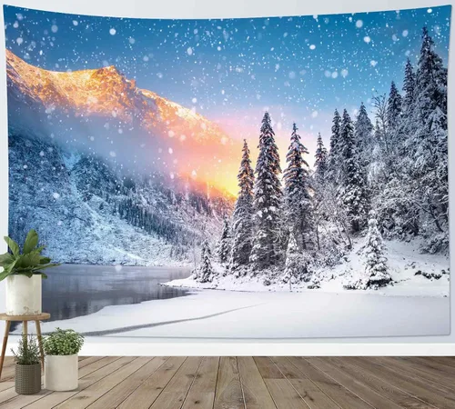 Miniatura 22 de LB Tapiz de Bosque de Nieve de Invierno, Pino Negro y Verde con Copo de Nieve Blanco Tapiz de Pared para Dormitorio, Arte de Pared de Paisaje
