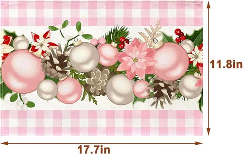 Miniatura 3 de Nepnuser Juego de 4 Manteles Individuales de Navidad a Cuadros Vichy y de Búfalo Rosa y Blanco, Decoración Navideña para Hogar Cocina Mesa de Comedor