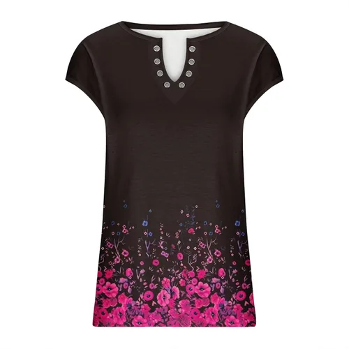 Miniatura 4 de Ceboyel Camiseta casual bohemia floral para mujer, blusas de manga corta, cuello en V, camisetas ajustadas, camisetas para salir, ropa de moda 2023